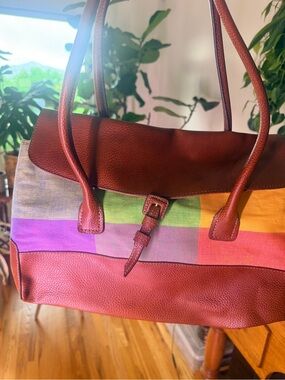 Vintage Liz Claiborne Multicolor Canvas Shoulder Bag with Brown Leather Trim